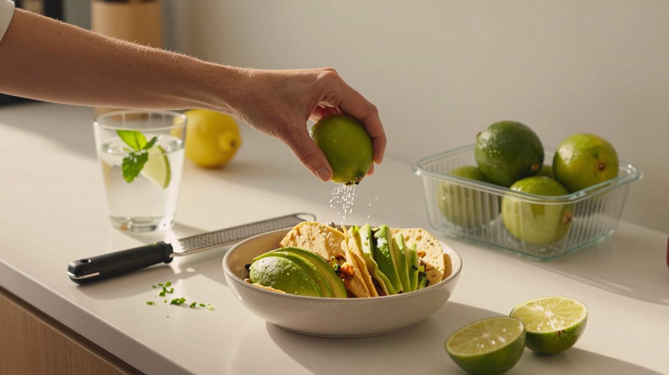 Hand squeezing lime over tacos on a white countertop, with sliced lime, glass of mint water, and more limes in the background