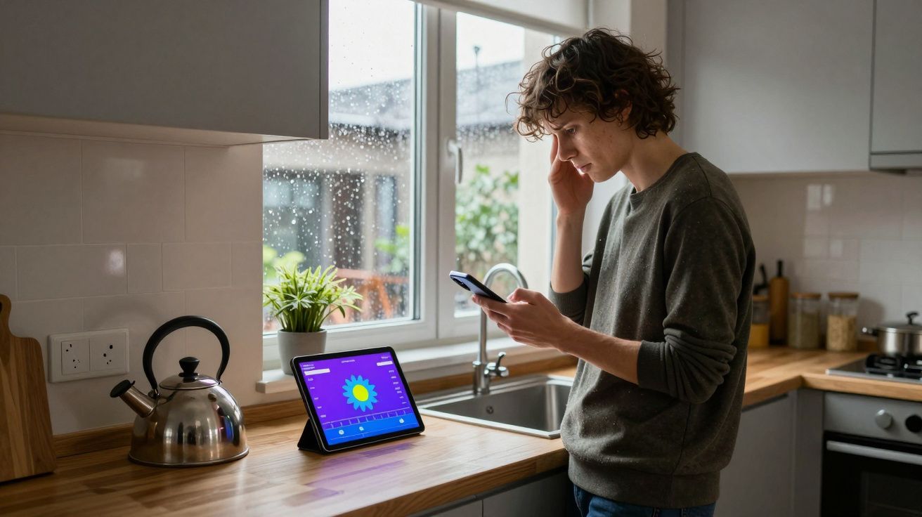 Person in a kitchen using a smartphone, with a tablet displaying a weather app on a wooden counter.
