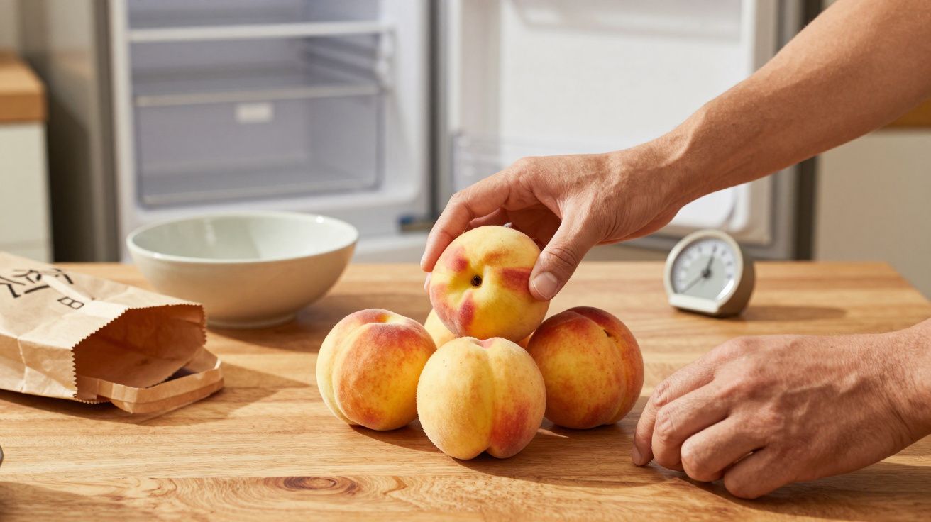 Hands arranging peaches on a wooden table, near an open fridge, a brown paper bag, a bowl, and a kitchen timer.