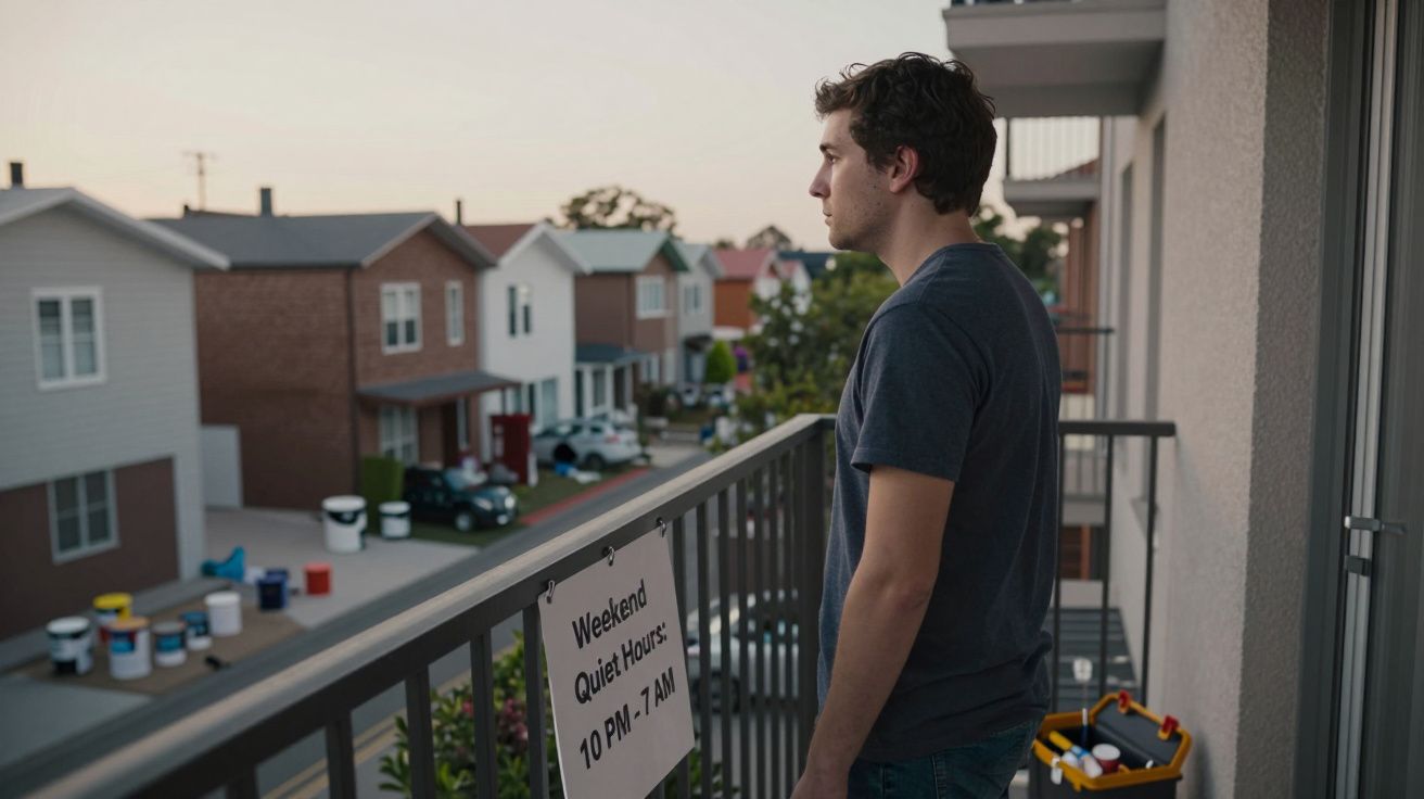 A man stands on a balcony overlooking a residential street, next to a sign reading "Weekend Quiet Hours: 10 PM - 7 AM".