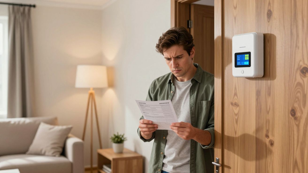 A man reads a document attentively in a modern living room with a lamp and wall-mounted control panel.