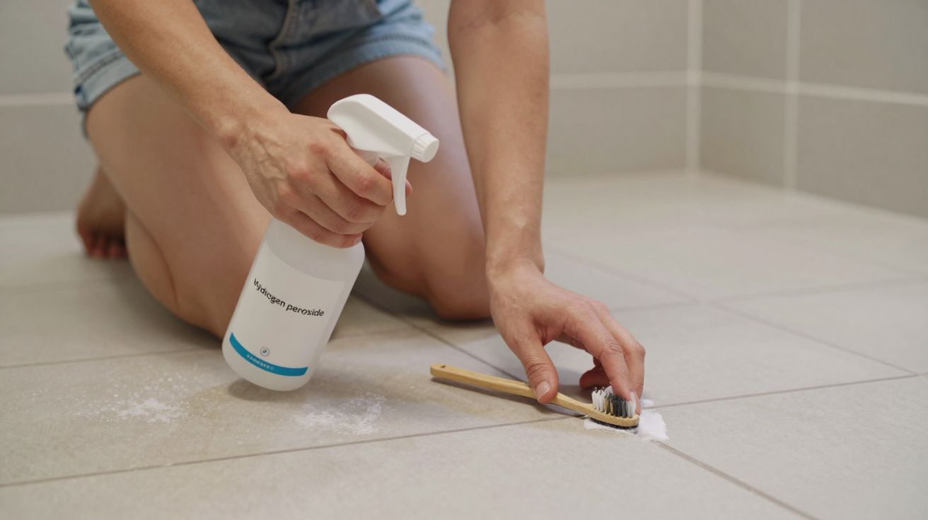 Person scrubbing tile grout with a toothbrush and hydrogen peroxide spray while kneeling in shorts.
