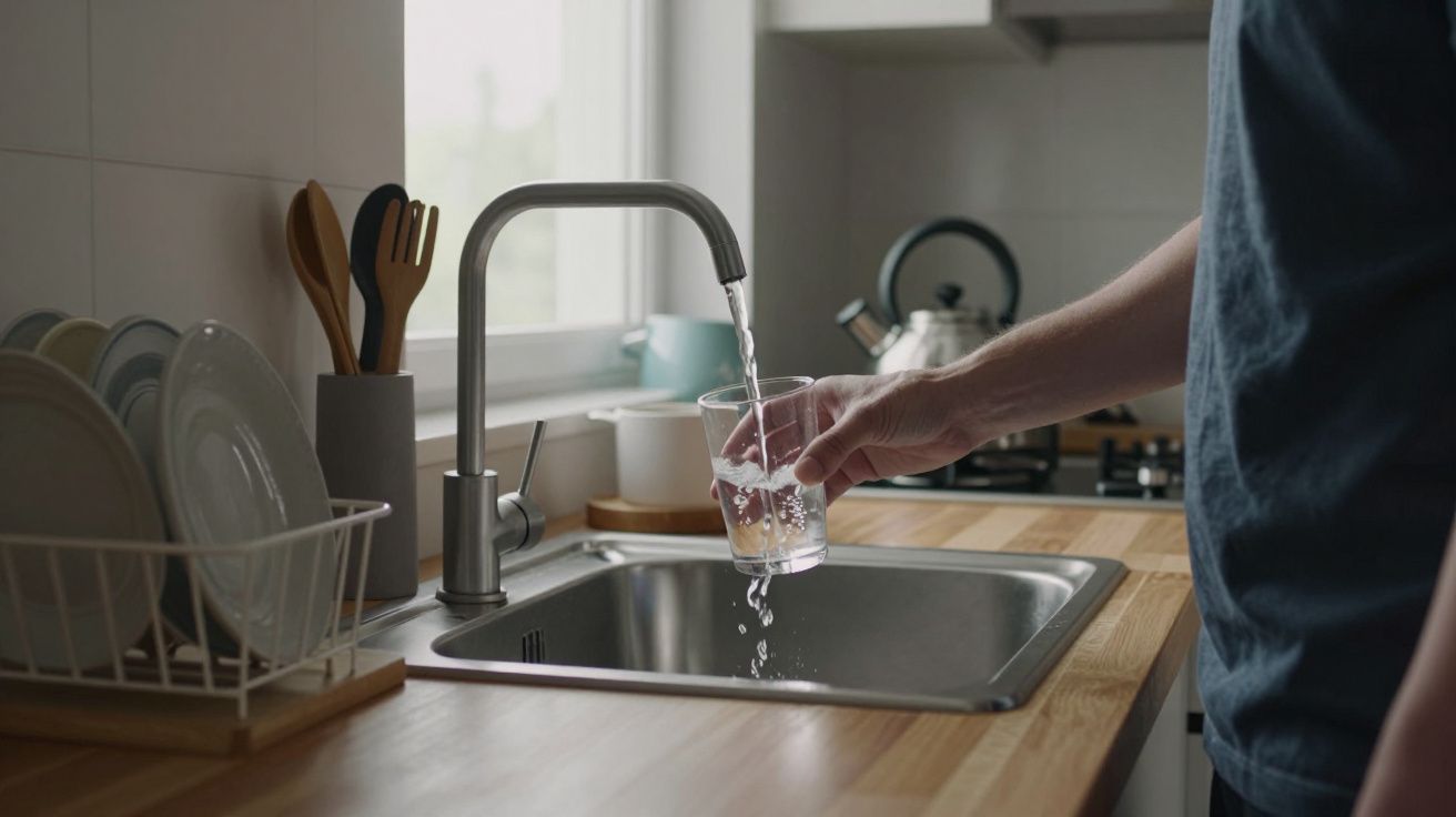 Person filling a glass with water from a kitchen tap, near a sink with dishes and utensils on a wooden countertop.
