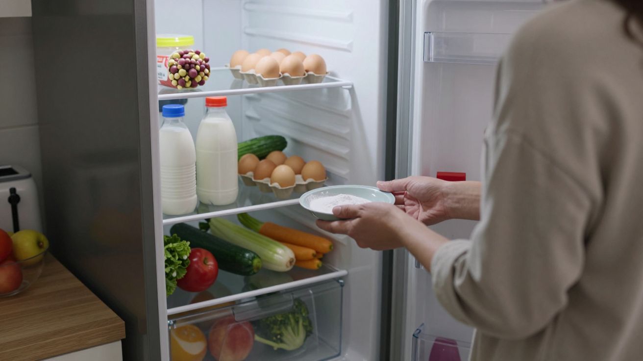 Person placing a dish in a fridge stocked with eggs, milk, vegetables, and condiments.