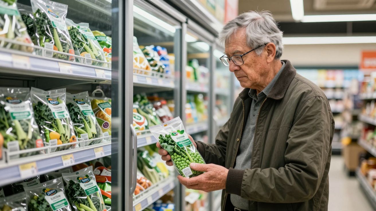 Elderly man in a supermarket aisle, examining a packet of frozen green vegetables among various frozen produce.