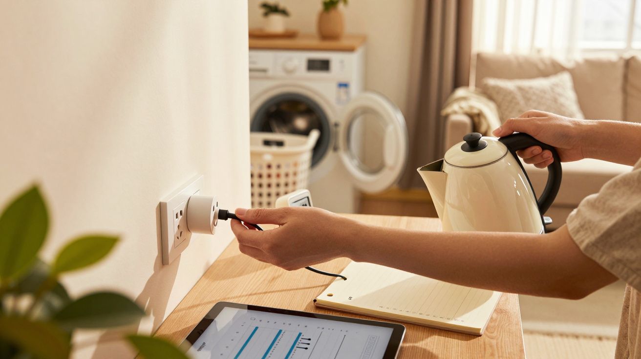 Person plugging smart plug into socket, holding kettle; tablet displaying graphs; laundry room in background.