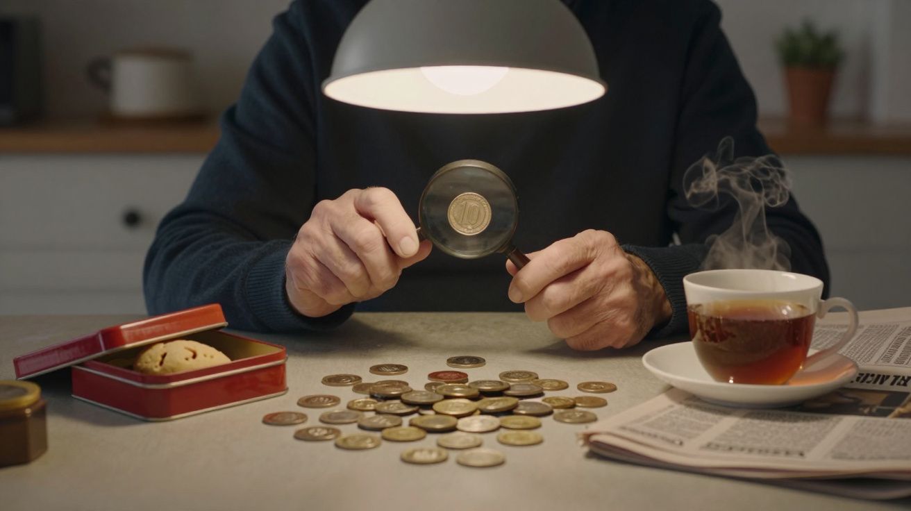 Person examines coin with magnifying glass at a table, surrounded by coins, a cup of tea, biscuits, and a newspaper.