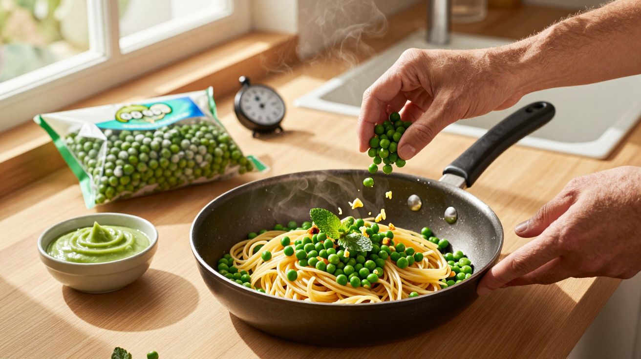 Person adding peas to spaghetti in a pan, with pea bag and sauce bowl nearby on a wooden counter.
