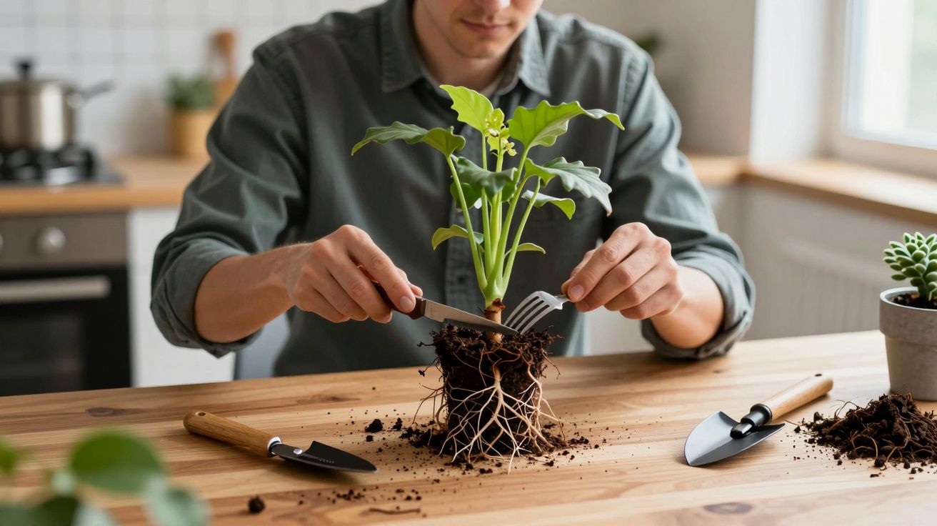 Person tending plant roots at a wooden table with gardening tools nearby in a bright kitchen setting.