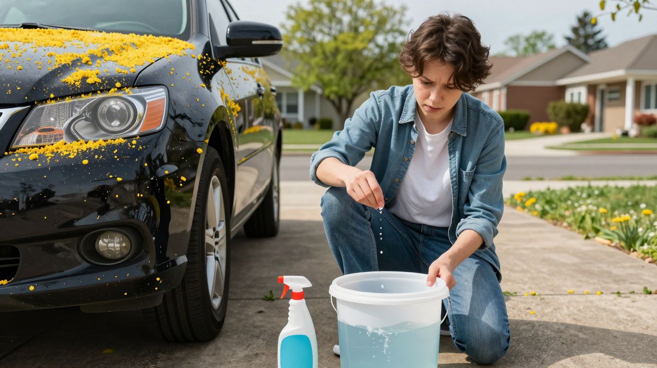 Person cleaning a yellow-pollen covered black car, using a bucket and spray bottle on a suburban driveway.