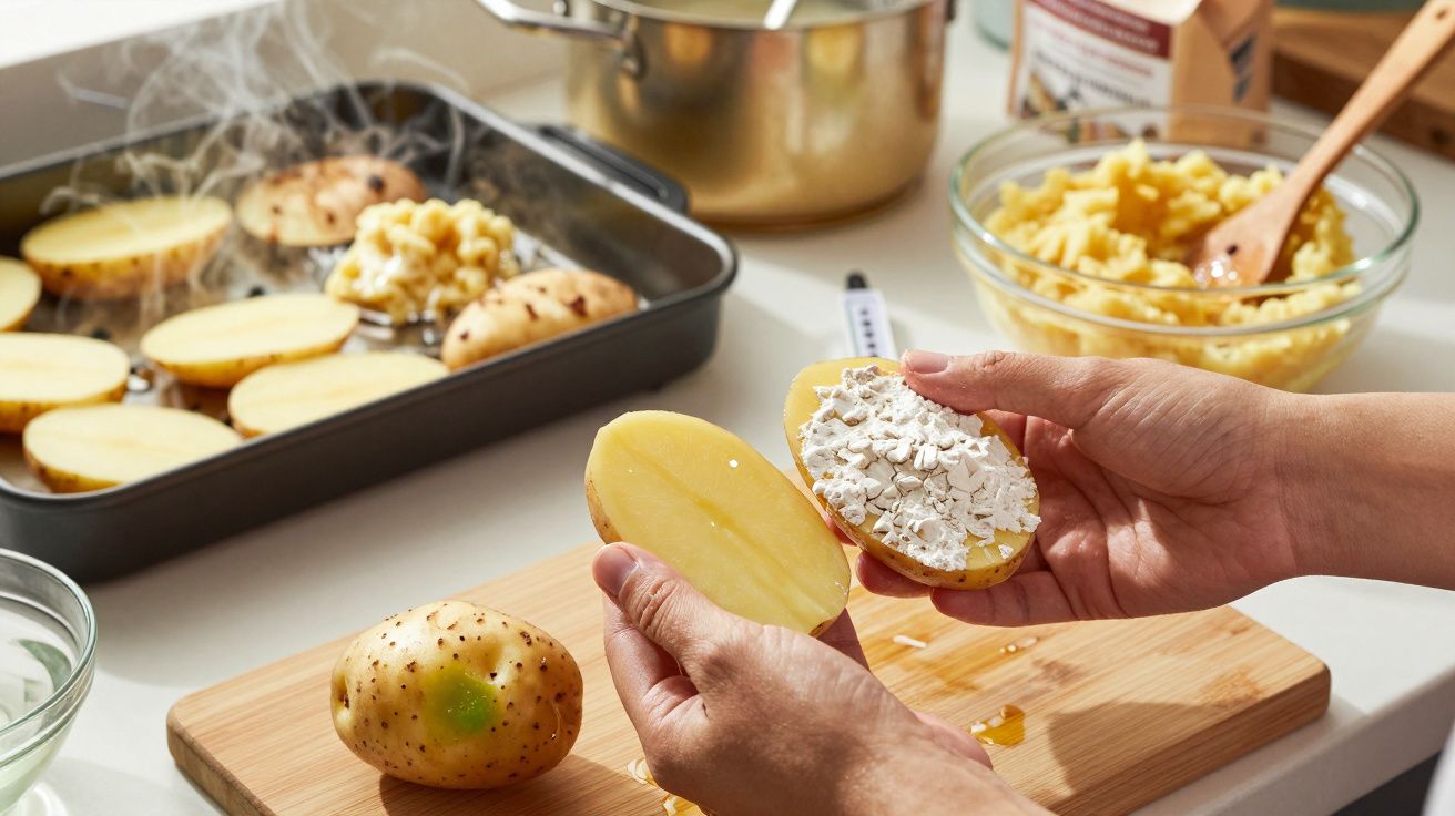 Hands holding potato halves, one with white powder. Sliced potatoes in baking tray, mashed potatoes in bowl nearby.