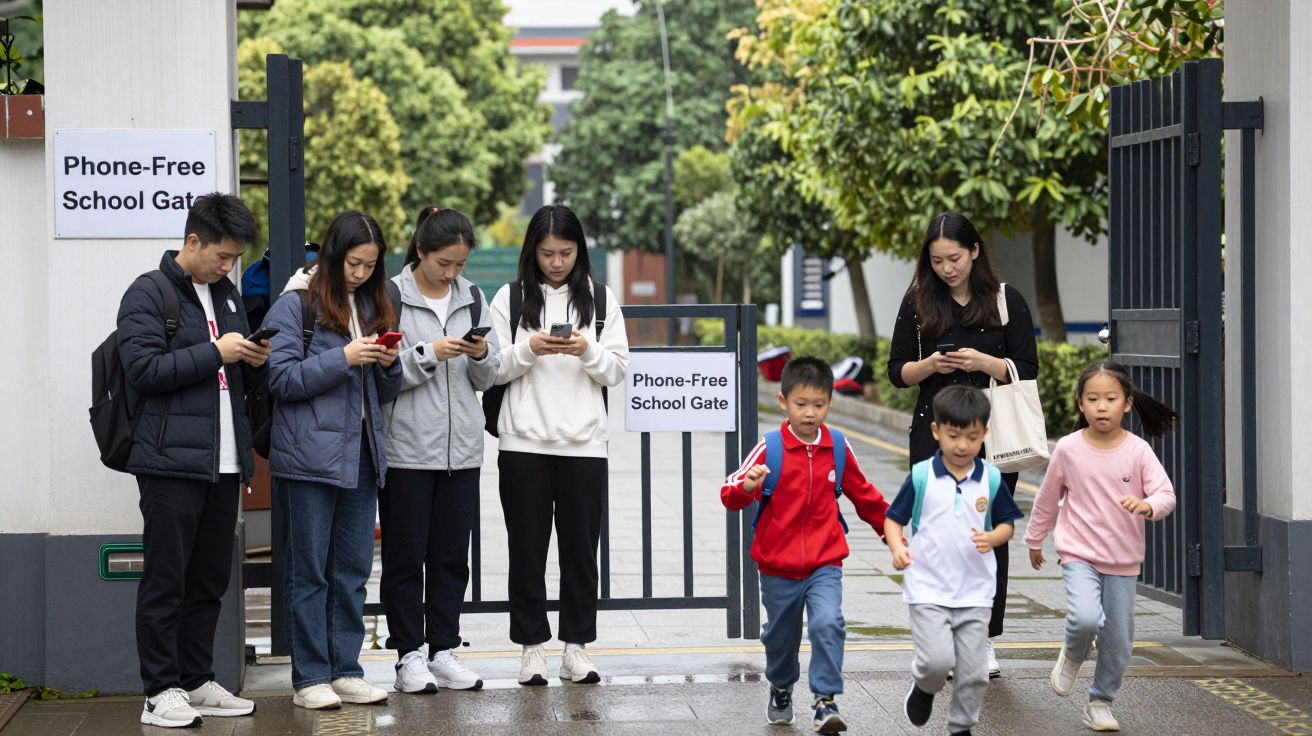 Adults use phones at a school gate marked "Phone-Free," as children walk past, heading to or from school.
