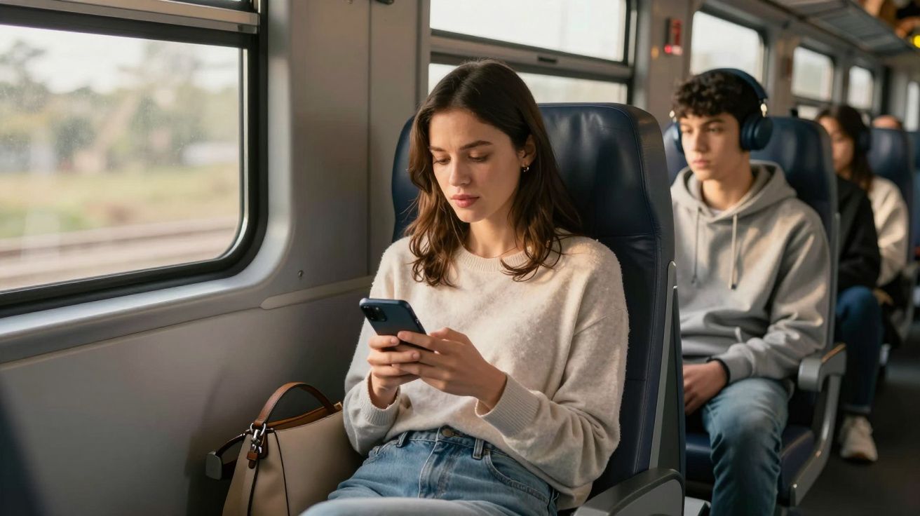 Woman on train using smartphone, seated beside window, with young man wearing headphones sitting behind her.