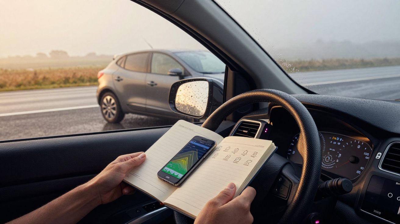 Driver holding a notebook with a smartphone inside car, another vehicle visible outside on a misty road.