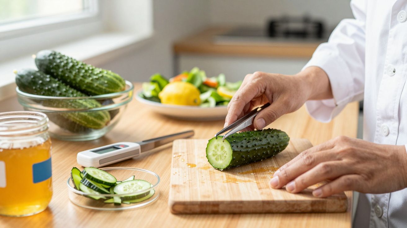 Person slicing a cucumber on a wooden board in a kitchen, with a bowl of vegetables and jars nearby.