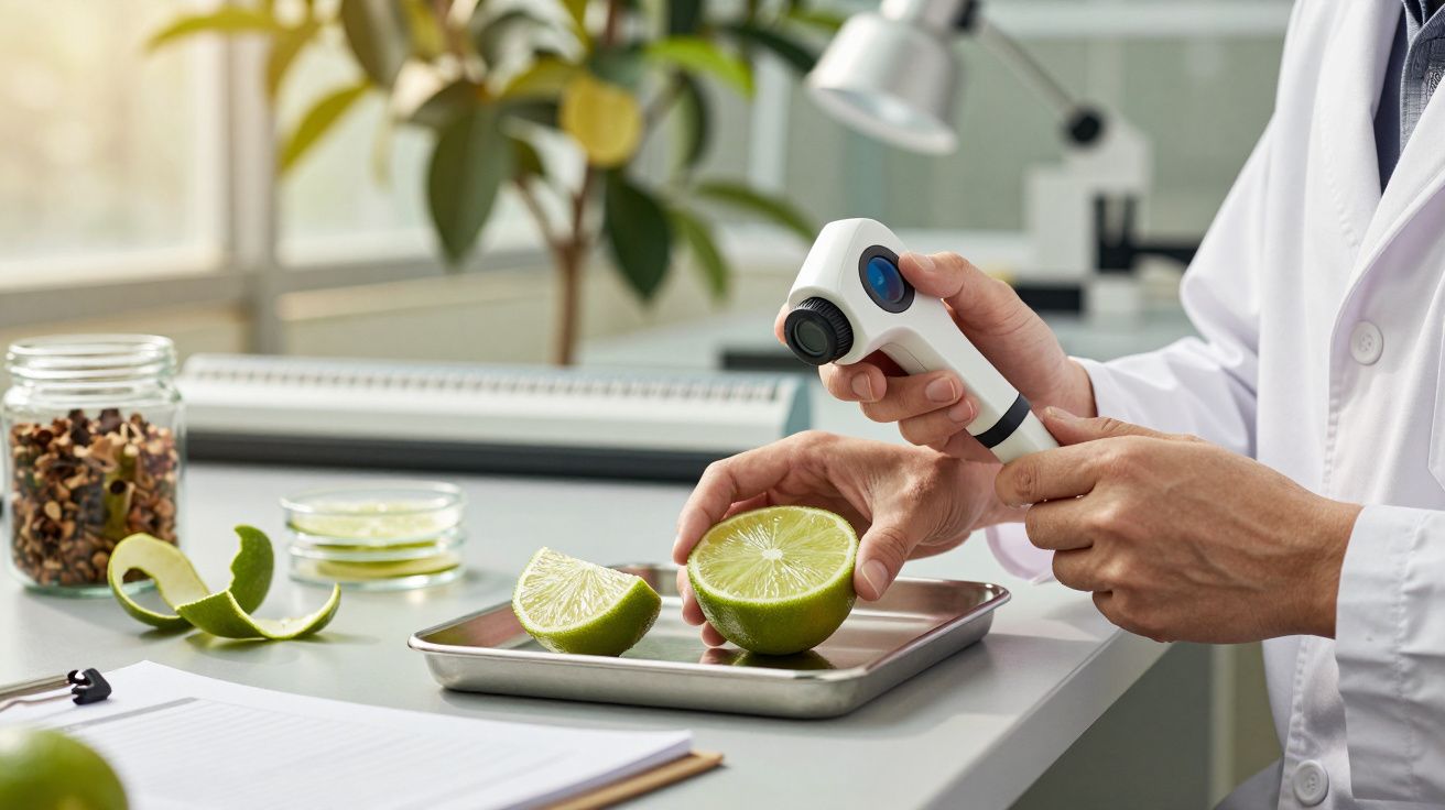 Scientist in lab coat examining lime slices with a magnifying device on a tray, surrounded by lab equipment.