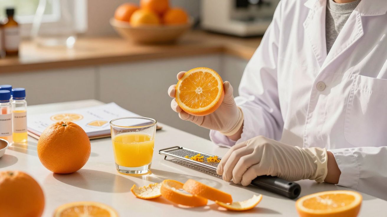 Person in lab coat examining an orange slice, with juice, whole oranges and zest on a table in a sunlit kitchen.