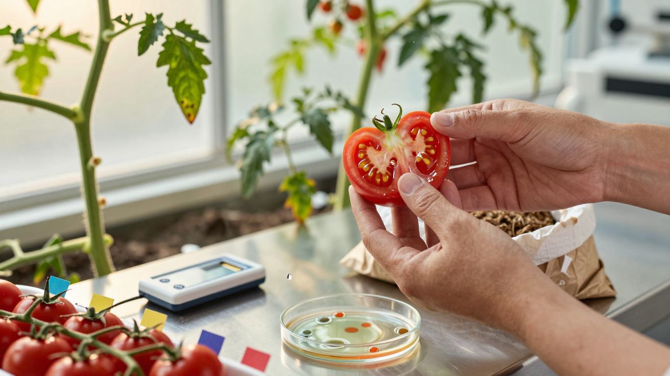 Hands holding a sliced tomato in a lab with plants and scientific equipment in the background.