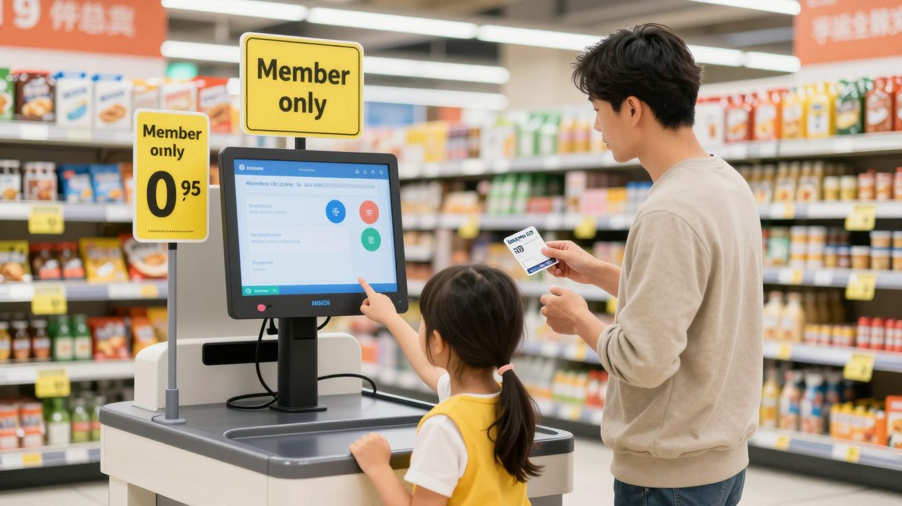 Man and child using a self-checkout in a supermarket, labelled "Member only", holding a membership card.