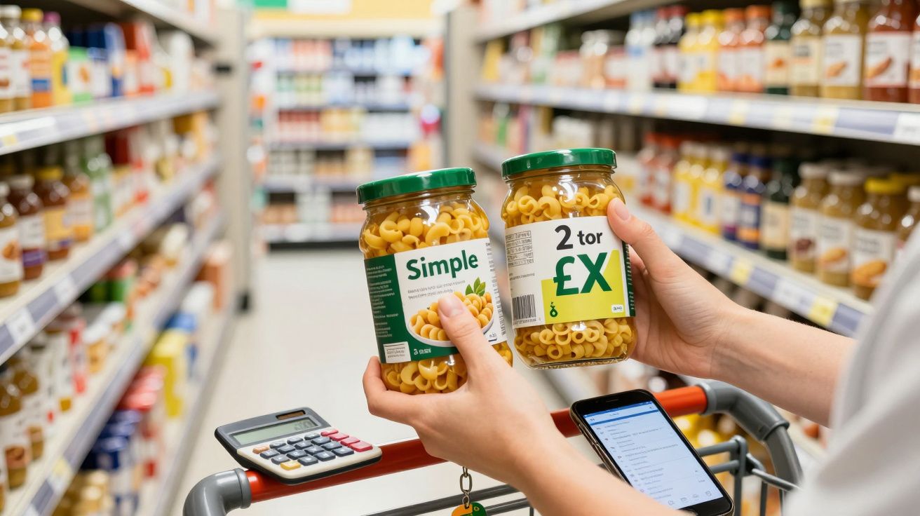 Person holding two jars of pasta in a supermarket aisle, comparing prices with a calculator and smartphone on the trolley.
