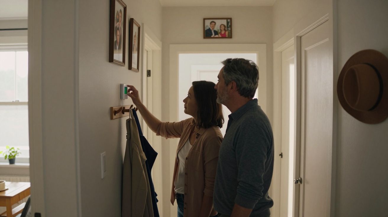 A couple adjusts a thermostat on a hallway wall, surrounded by family photos.