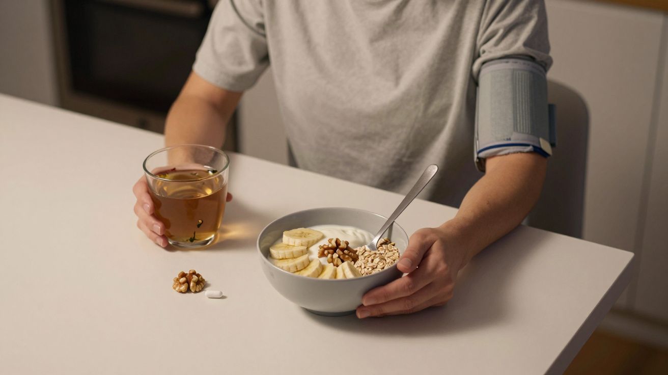 Person with blood pressure monitor eating yogurt with bananas, nuts, and cereal, holding a glass of tea at a table.