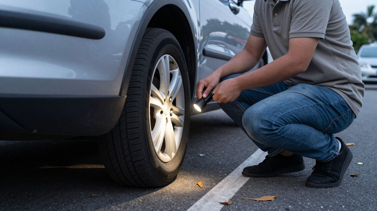 Person examining a car tyre with a torch in a parking area.
