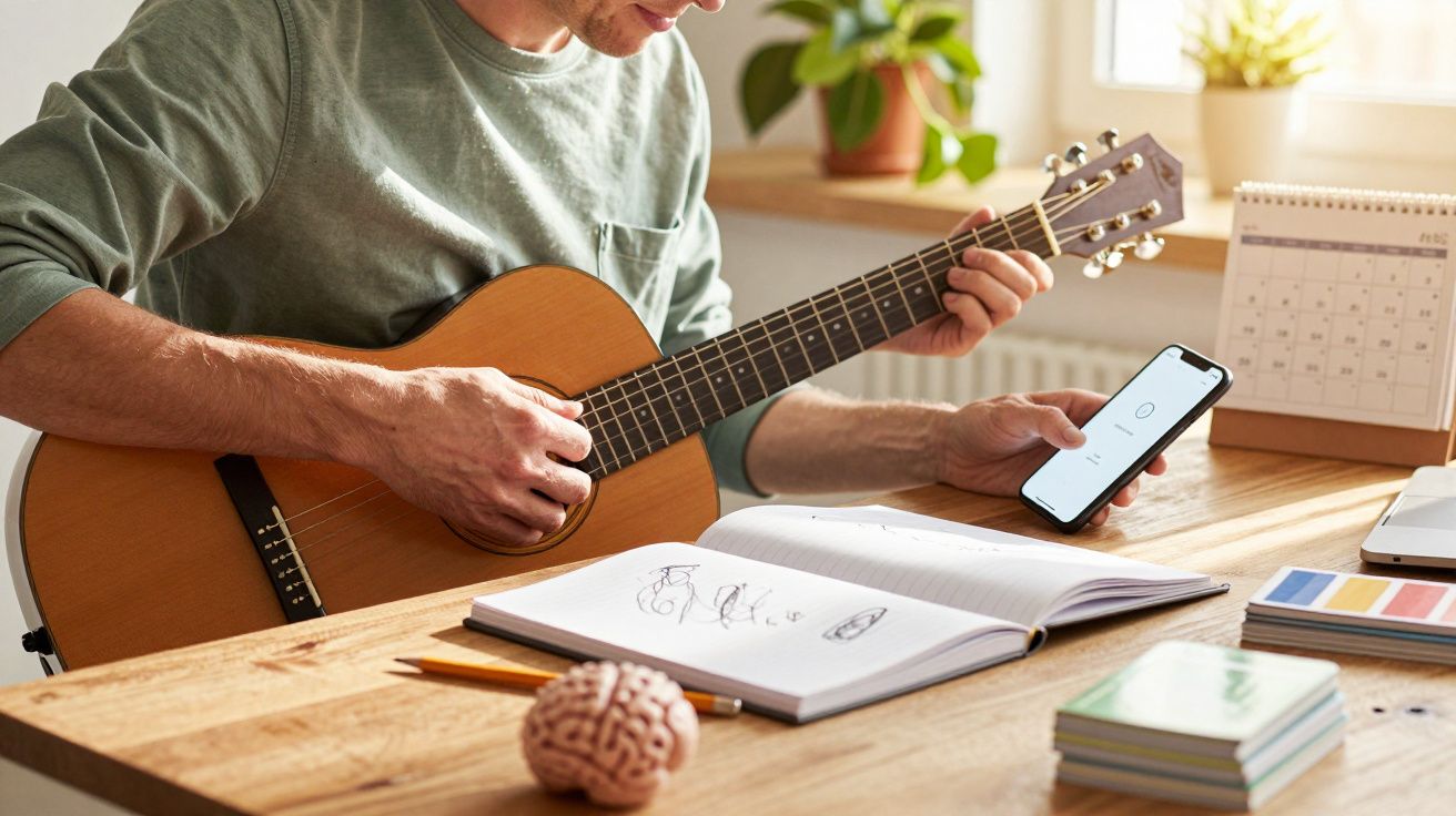 Man playing guitar while looking at smartphone, alongside open notebook with sketches on a wooden table.