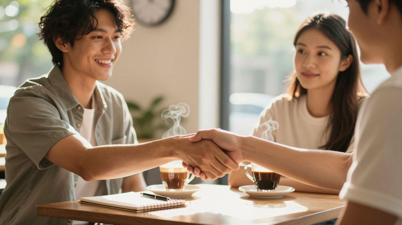 Three people in a cafe, two men shaking hands, a woman watches, coffee cups on the table, sunlight streaming in.