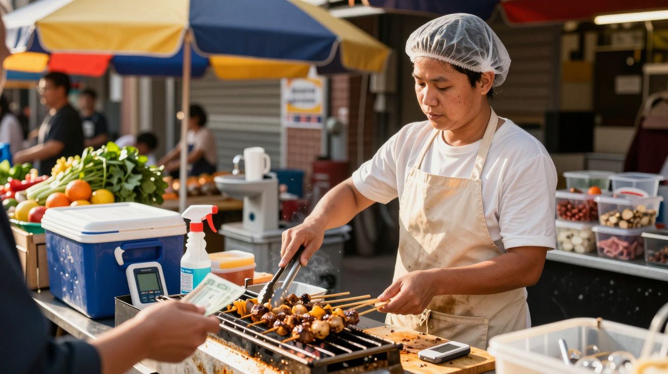Street vendor grills skewers at outdoor market, person pays with cash. Variety of fresh produce in the background.