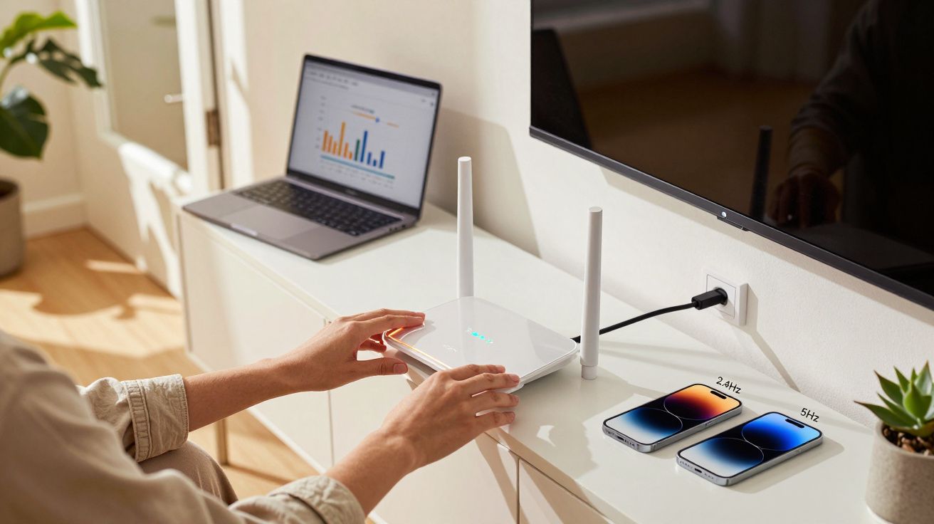 Person adjusting a Wi-Fi router on a table with a laptop displaying graphs and two smartphones labelled 2.4GHz and 5GHz.