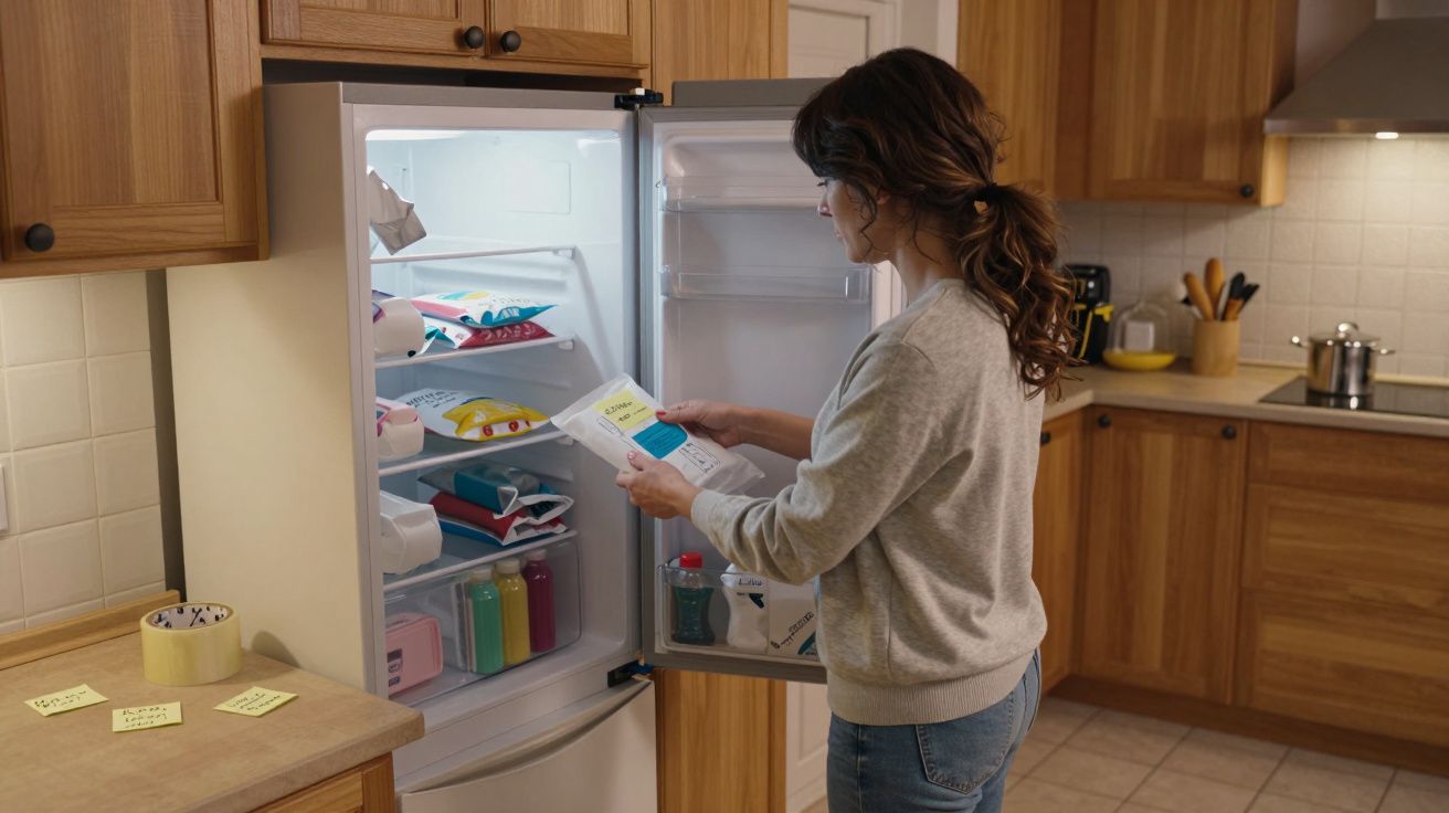 Woman reading a leaflet by an open fridge in a wooden kitchen setting.