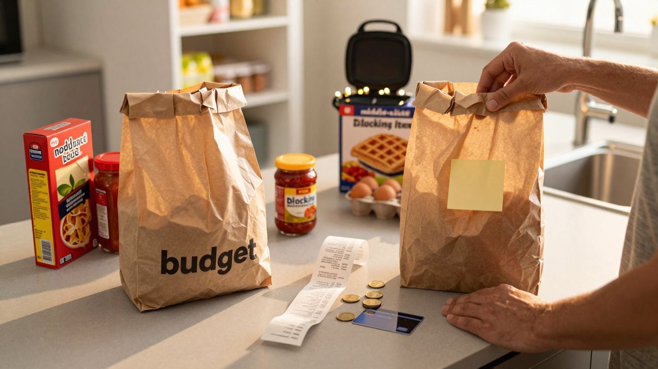 Grocery items on a kitchen counter with paper bags, a receipt, coins, and a credit card.
