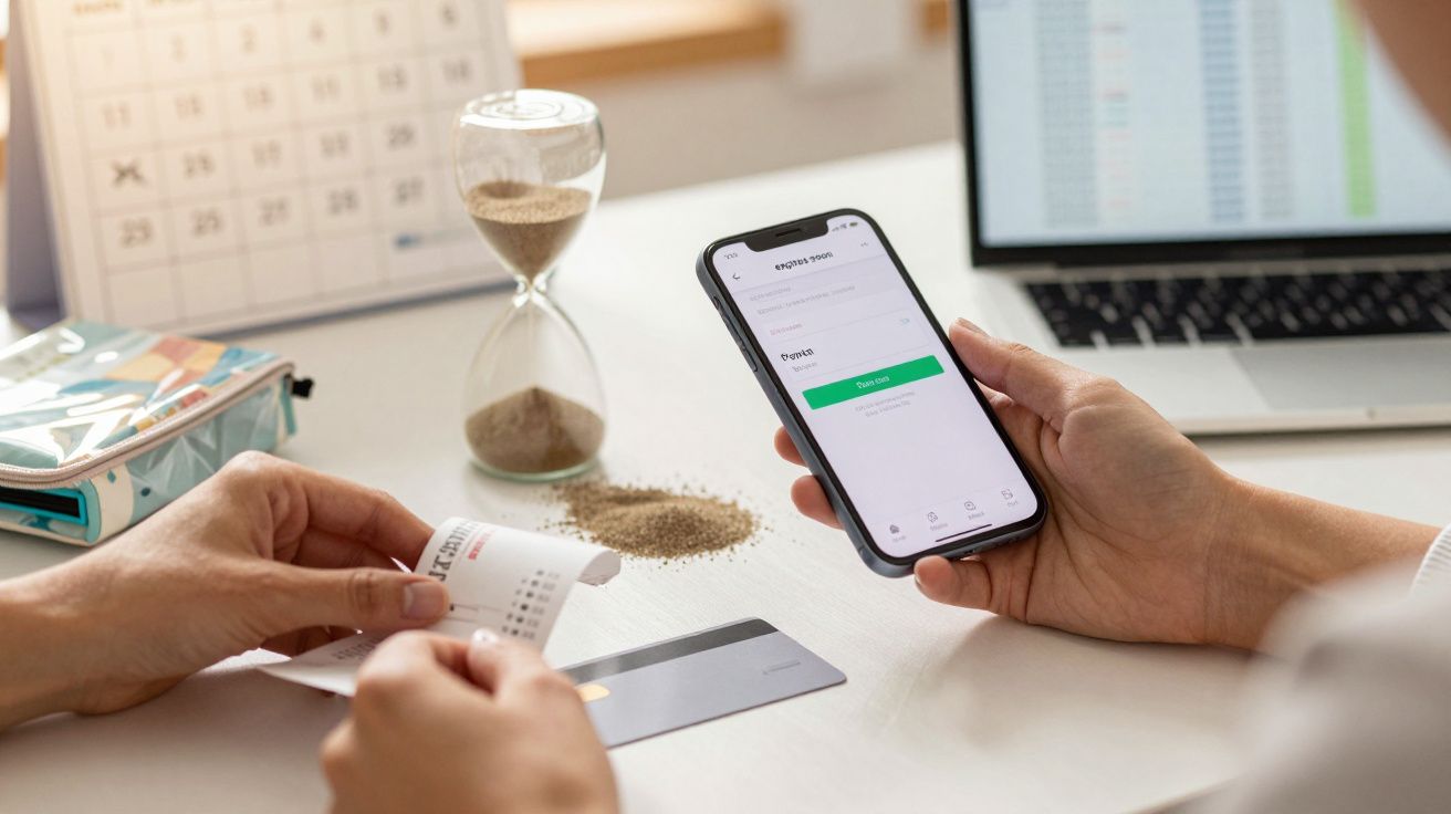 Person holding a phone with banking app, reviewing receipt, hourglass and calendar on desk.