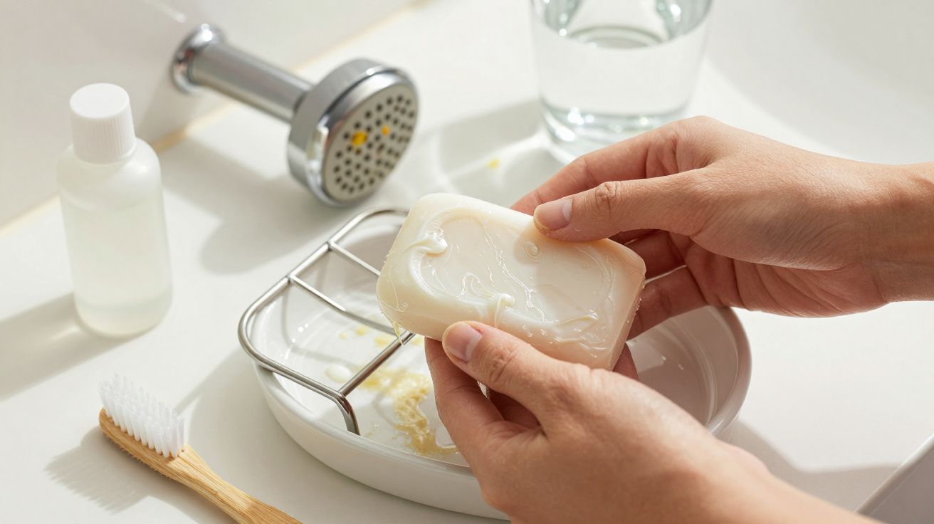 Hands holding a wet bar of soap over a soap dish on a bathroom sink with a toothbrush and bottle nearby.