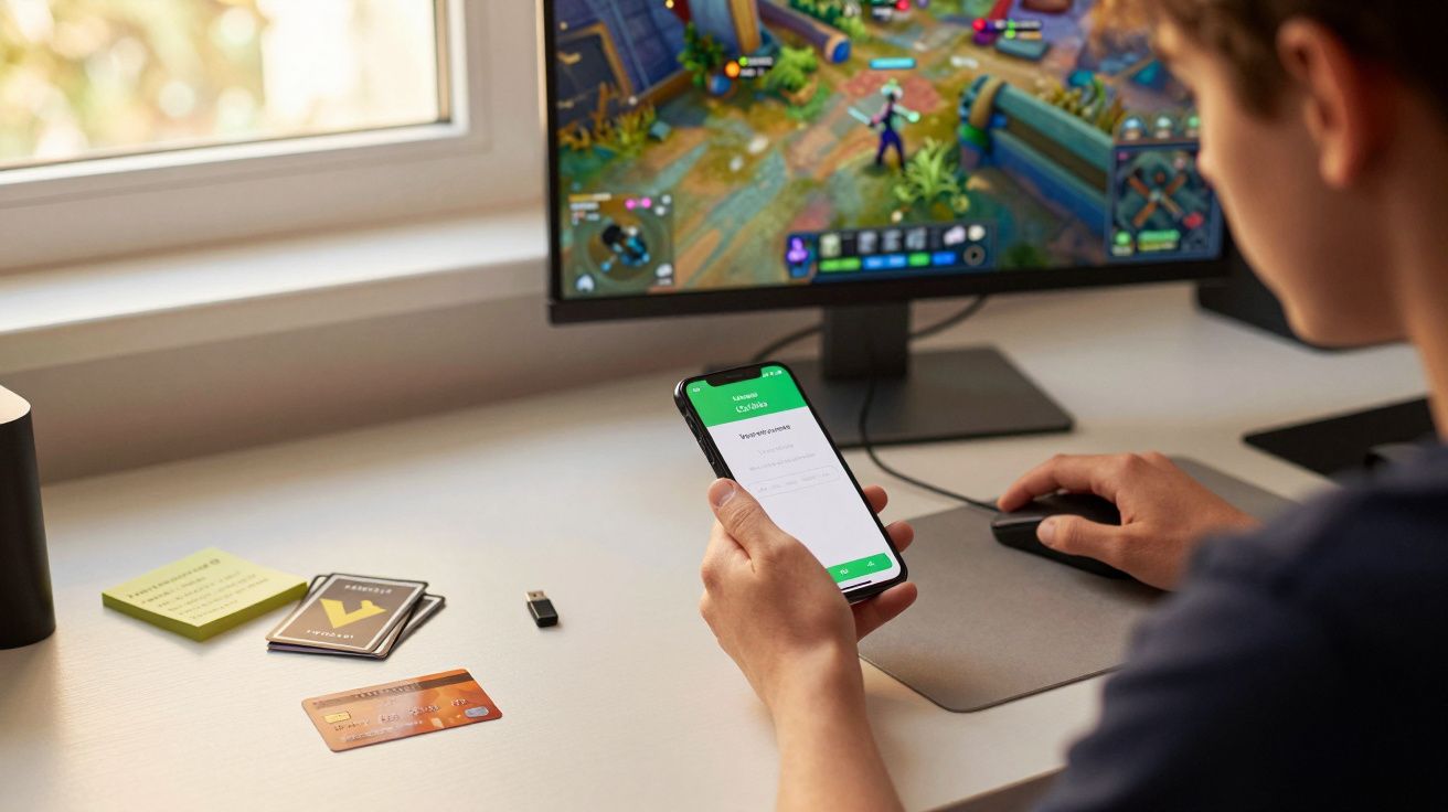 Person holding a smartphone with a financial app beside computer, card, and notes on a desk.