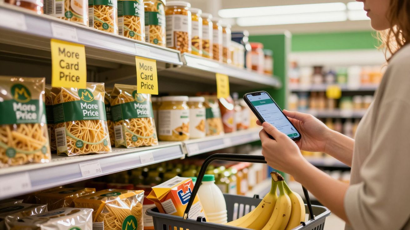 Person shopping in a supermarket aisle, holding a smartphone and basket with bananas, milk, and a cereal box.