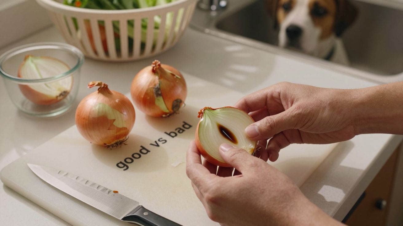 Person holding an onion half, labelled "good vs bad," knife nearby, with a dog watching from the background.