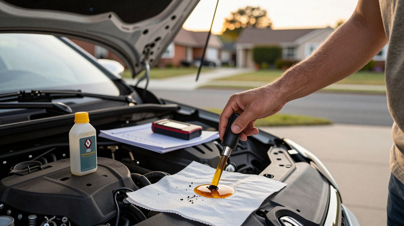 Person checking car oil quality with a dipstick, oil sample on white cloth, engine open.