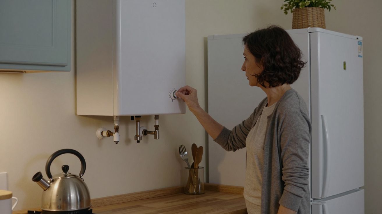 Woman adjusting thermostat on a wall-mounted boiler in a kitchen, with a kettle on the counter.