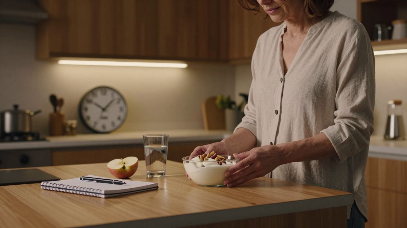 Woman in kitchen holding a bowl of yoghurt with fruit. There is a glass of water, apple, and notebook on the table.