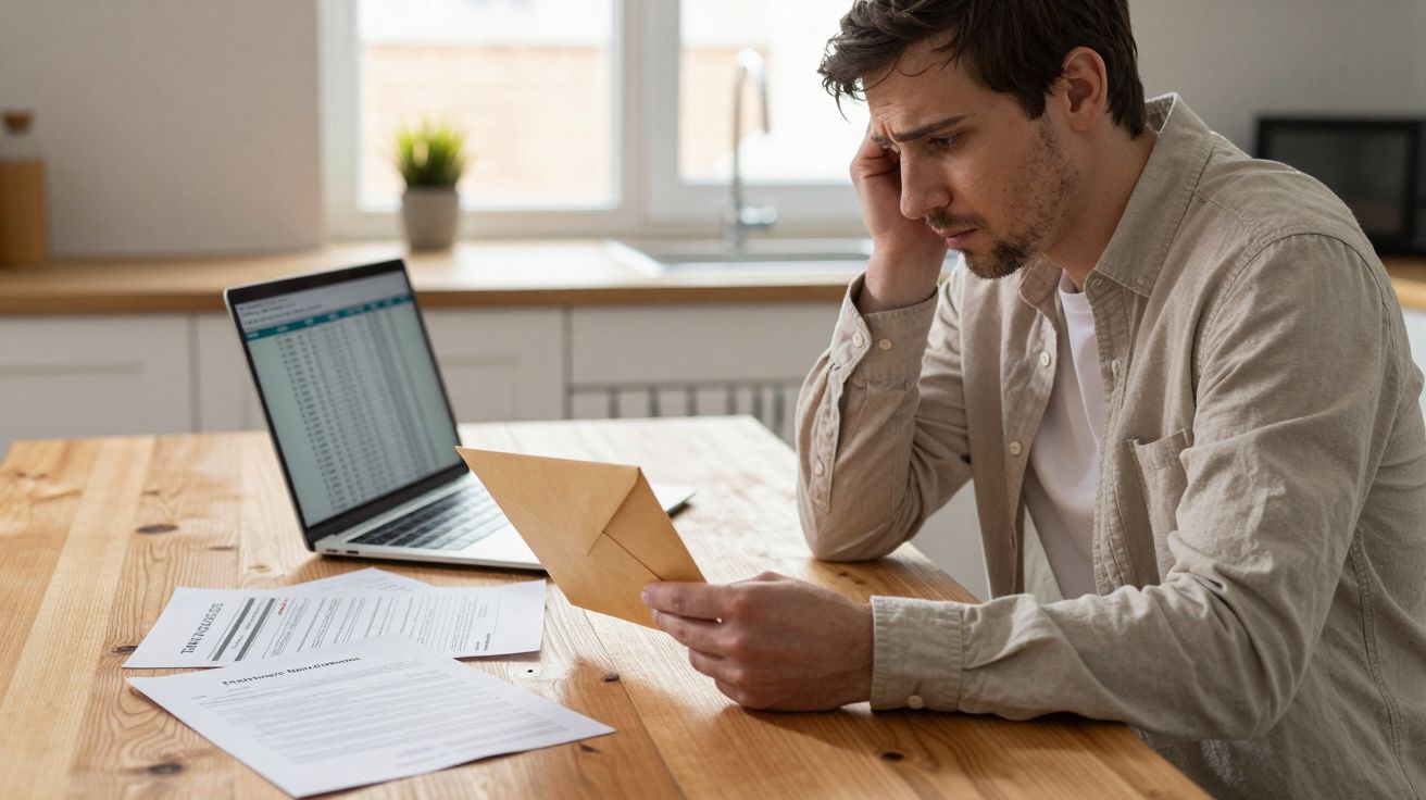Man reading letter with documents on table, laptop open, looking concerned.