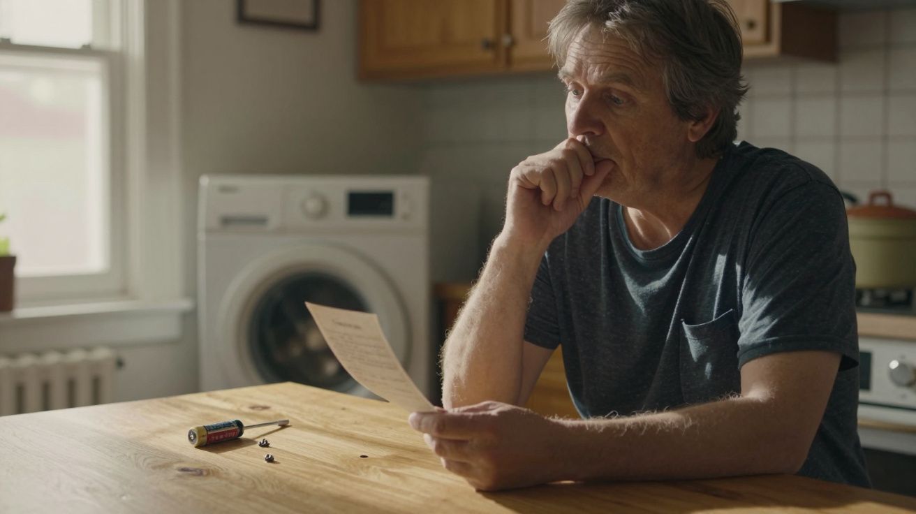 Man seated at kitchen table, reading a document, deep in thought. Laundry machine and window in the background.