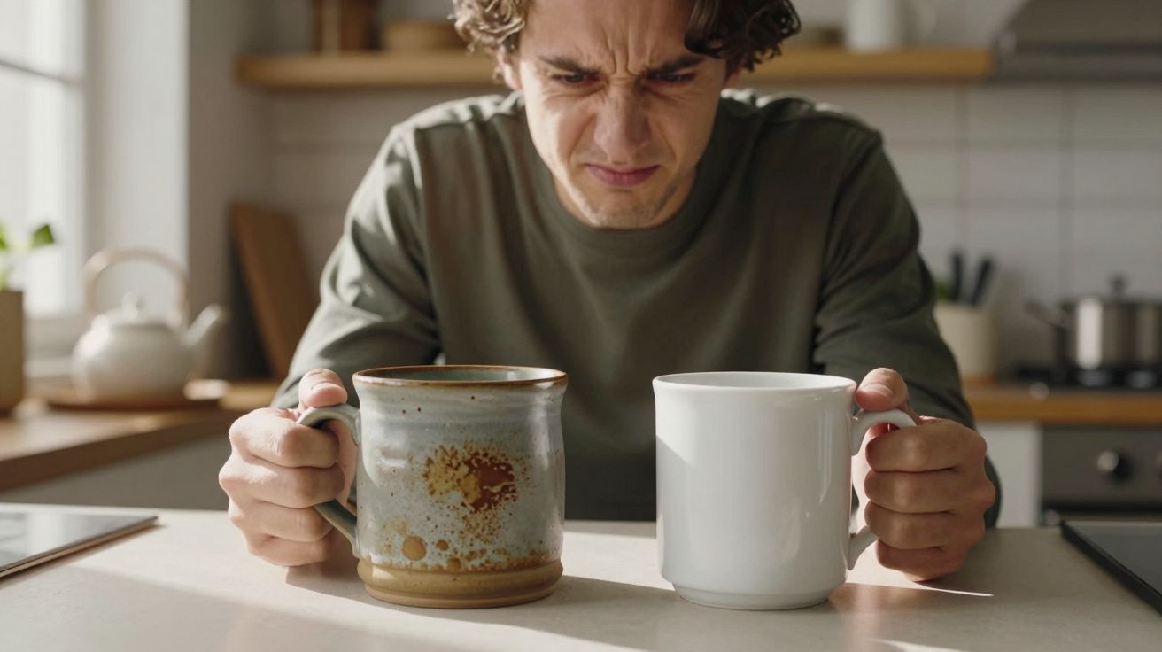 Man looking at two mugs, one ceramic and one white, with a confused expression in a bright kitchen.
