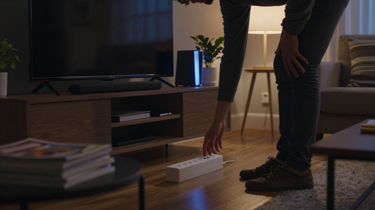 Person bending to plug in a power strip in a cosy living room with a TV and soft lighting.