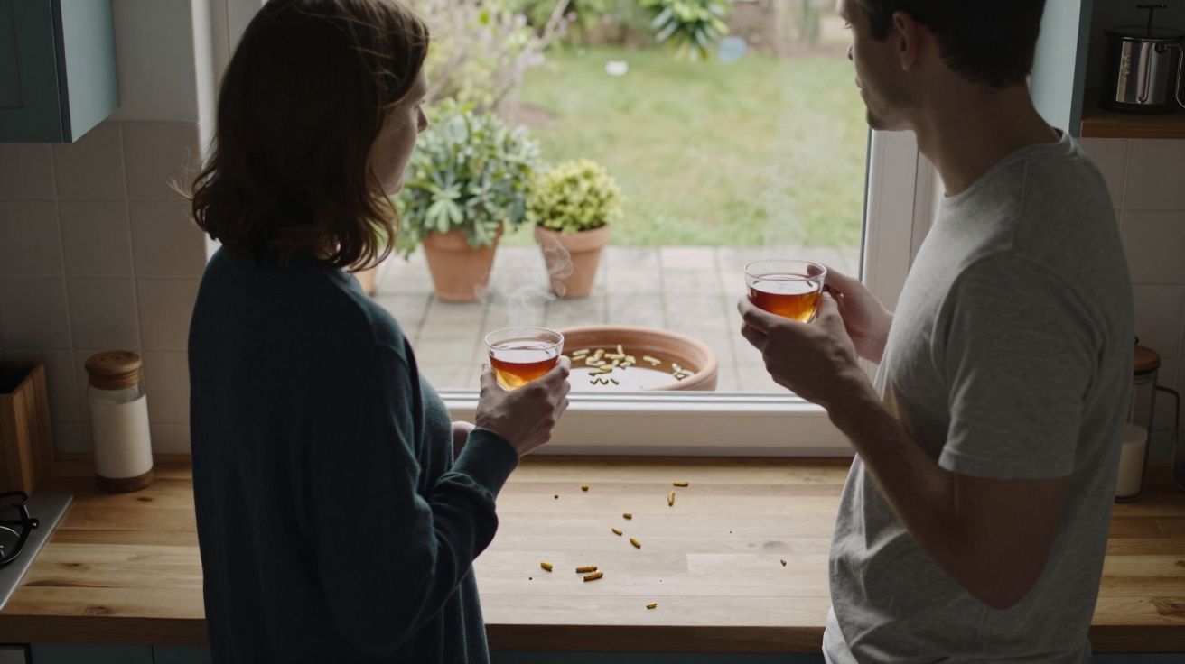 Two people stand at a kitchen counter, holding mugs of tea and looking out onto a patio with plants.
