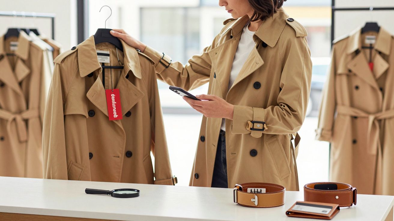 A person shopping for trench coats, holding a smartphone, with belts on the counter in a well-lit store.