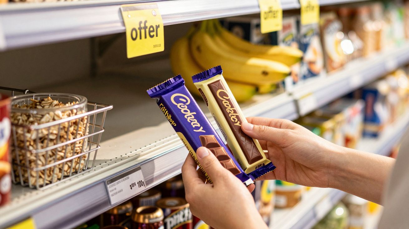 Person holding two chocolate bars in a shop aisle, with a special offer sign above a shelf displaying bananas.