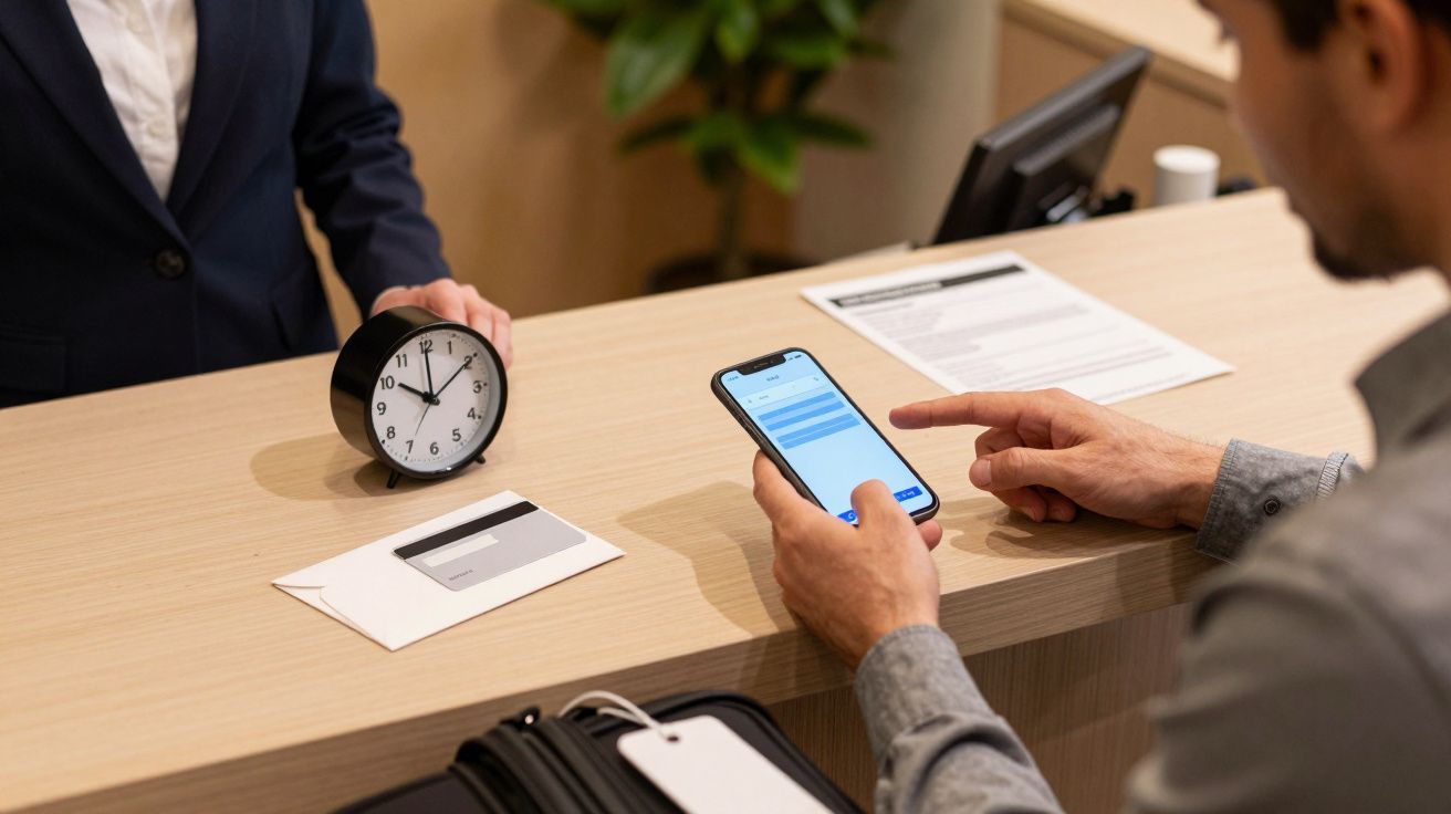 Man at reception desk checks smartphone, clock reading 11:50 and documents visible, while receptionist waits.