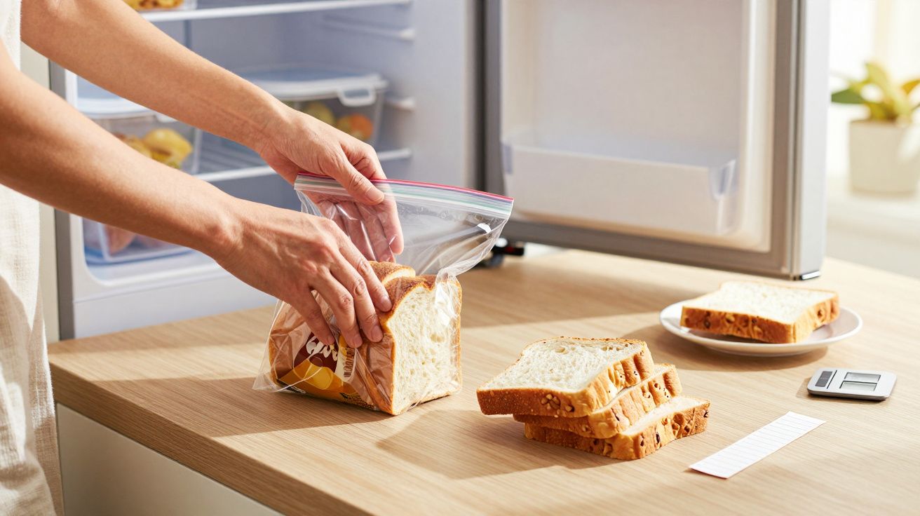 Person placing sliced bread in a resealable bag on a kitchen counter, with bread slices and fridge in the background.